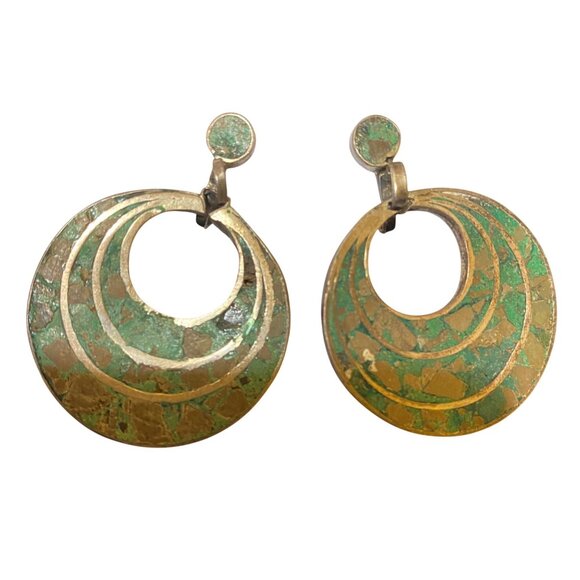 1.5" x 1.25" Vintage Taxco Sterling Silver Screw Back Earrings With Crushed Turq - Picture 1 of 8